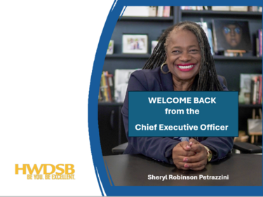 WELCOME BACK PHOTO OF CEO SHERYL ROBINSON PETRAZZINI